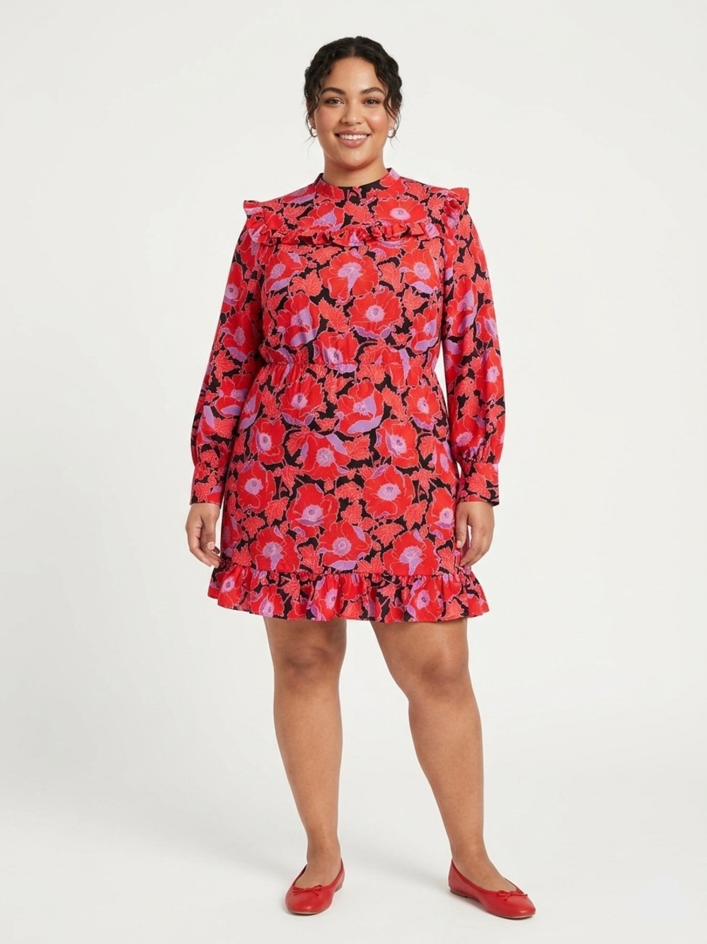 Who What Wear, Red Floral Ruffle Shift Dress - XL